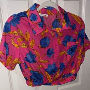 Timing Pink Blouse with Blue and Yellow Floral Design